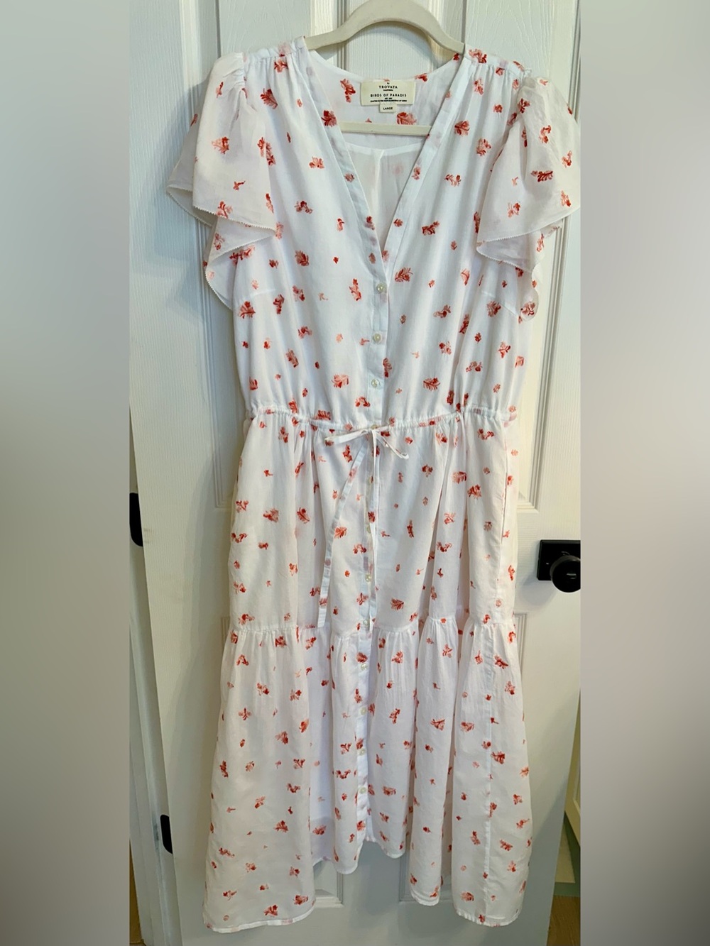Trovata Birds of Paradis White Dress with Coral Floral Print & Tie Waist Size L